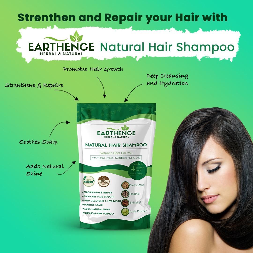 Earthence Natural Hair Shampoo With Herbal Amla Reetha Shikakai And Methi Dana Powder For Men & Women, Totally Organic | Paraben And Sulphate Free Shampoo - 225gm (Pack of 1)