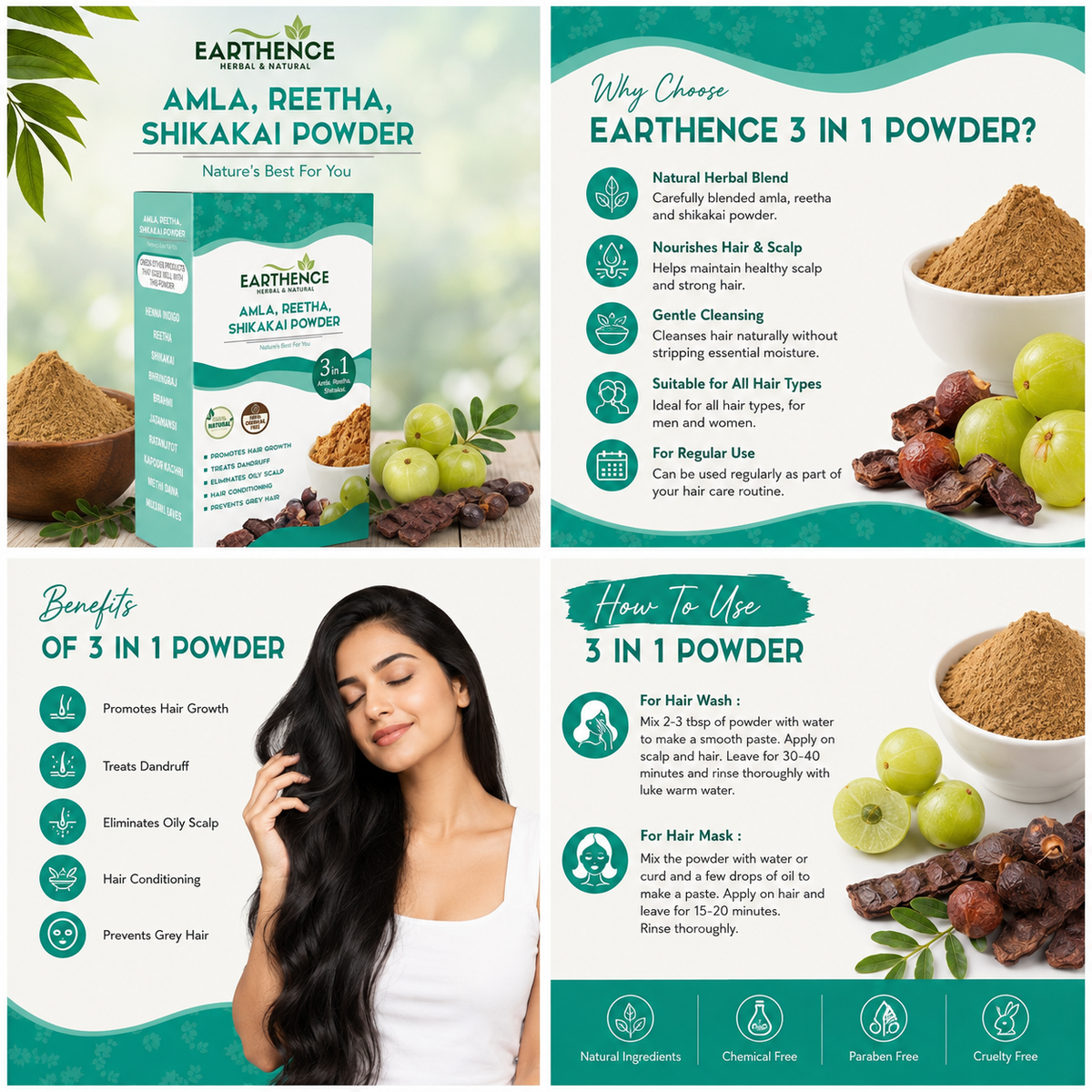 Earthence Amla Reetha Shikakai Powder 100g | 3 in 1 Natural Hair Wash Powder | Hair Growth, Hair Fall Control, Anti Dandruff & Hair Cleanser