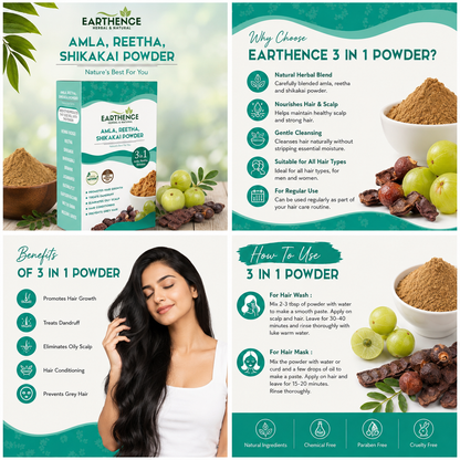 Earthence Amla Reetha Shikakai Powder 100g | 3 in 1 Natural Hair Wash Powder | Hair Growth, Hair Fall Control, Anti Dandruff & Hair Cleanser