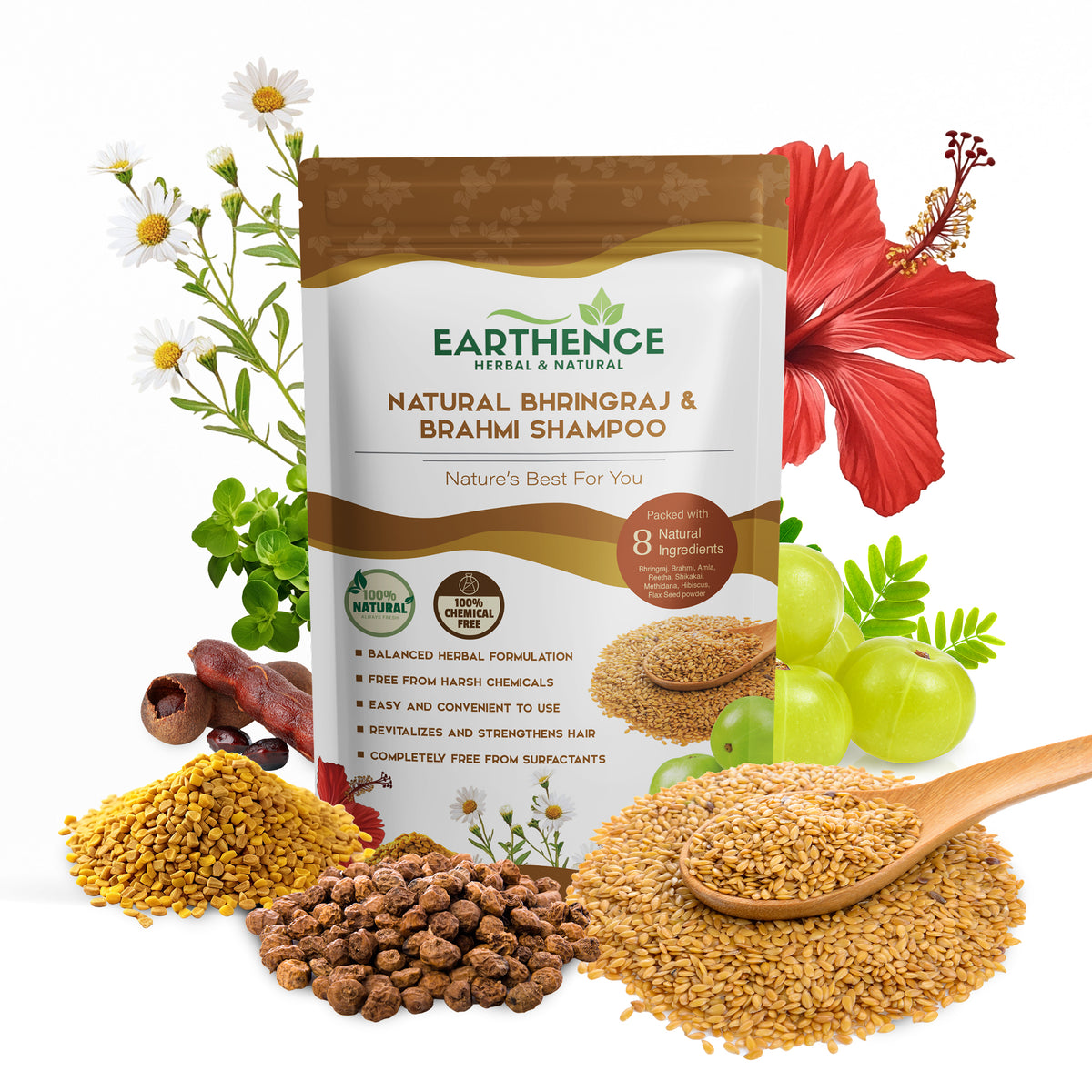 Earthence Bhringraj & Brahmi Herbal Hair Shampoo Powder For Men & Women | Natural Herbal Hair Cleanser | Traditional Hair Care - 225gm