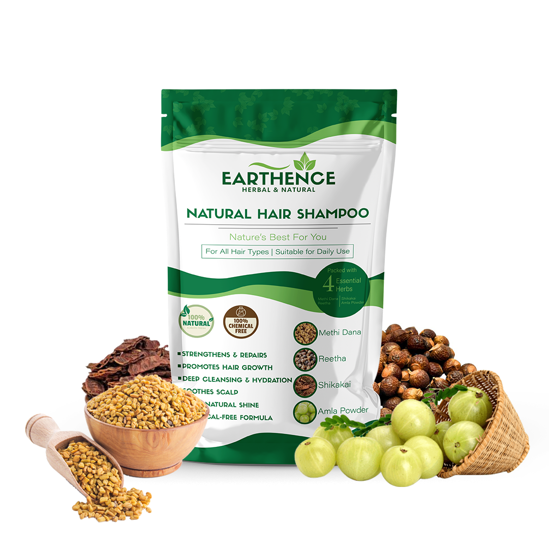 Earthence Natural Hair Shampoo With Herbal Amla Reetha Shikakai And Methi Dana Powder For Men & Women, Totally Organic | Paraben And Sulphate Free Shampoo - 225gm (Pack of 1)