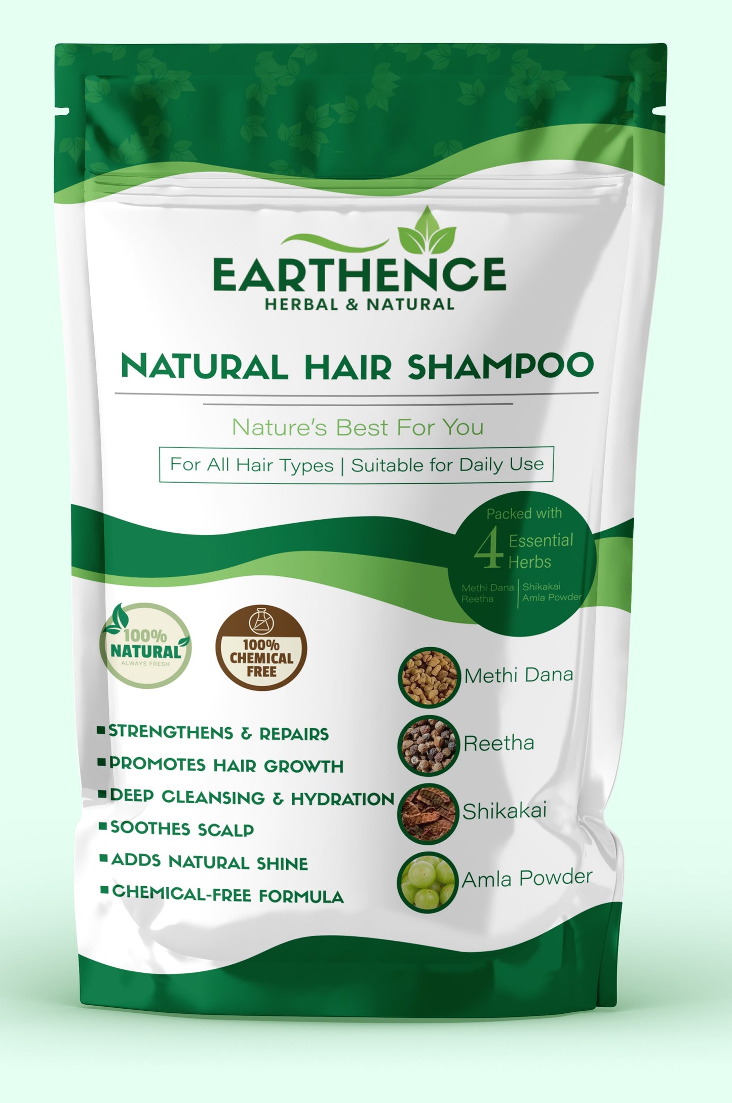 Earthence Natural Hair Shampoo With Herbal Amla Reetha Shikakai And Methi Dana Powder For Men & Women, Totally Organic | Paraben And Sulphate Free Shampoo - 225gm (Pack of 1)