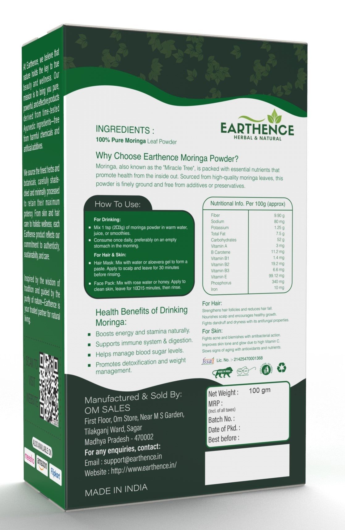 Earthence Moringa Powder 100g | Pure Moringa Leaf Powder | Rich in Antioxidants, Iron & Vitamin C | Supports Immunity, Skin Glow & Hair Care