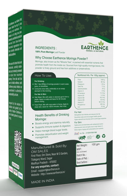 Earthence Moringa Powder 100g | Pure Moringa Leaf Powder | Rich in Antioxidants, Iron & Vitamin C | Supports Immunity, Skin Glow & Hair Care