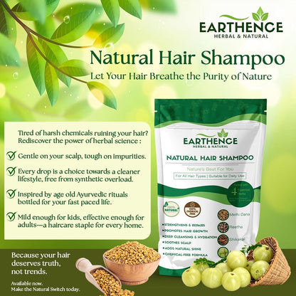 Earthence Natural Hair Shampoo With Herbal Amla Reetha Shikakai And Methi Dana Powder For Men & Women, Totally Organic | Paraben And Sulphate Free Shampoo - 225gm (Pack of 1)