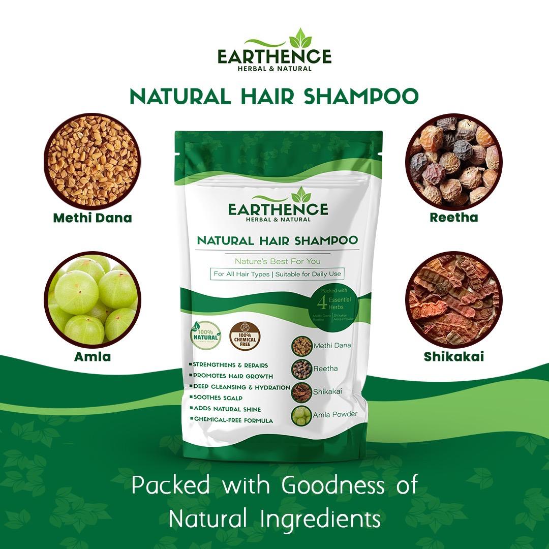 Earthence Natural Hair Shampoo With Herbal Amla Reetha Shikakai And Methi Dana Powder For Men & Women, Totally Organic | Paraben And Sulphate Free Shampoo - 225gm (Pack of 1)